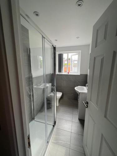 a bathroom with a shower and a toilet and a sink at Luxury 2 bedroom apartment near the O2 and Canary Wharf in Eltham