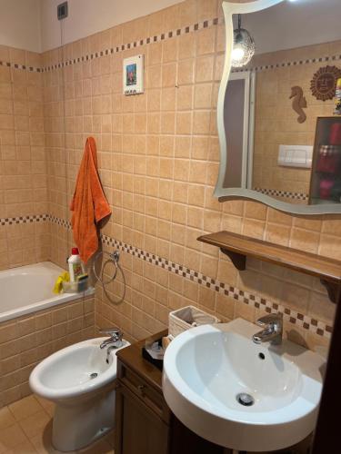 a bathroom with a sink and a toilet and a mirror at Taverna indipendente zona Ospedale Pescara in Pescara