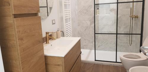 bagno con doccia, lavandino e servizi igienici di Casa Rosamari - su Lago di Posta Fibreno, Appartamento con camino a Posta Fibreno