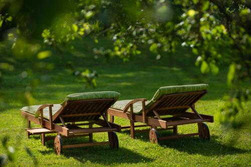 two wooden chairs sitting in the grass at Hotel-Restaurant Liebnitzmühle in Raabs an der Thaya