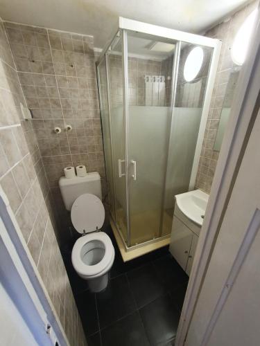 a small bathroom with a toilet and a shower at Central Best cozy in in Bucharest
