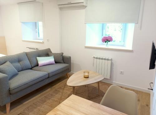 ein Wohnzimmer mit einem Sofa und einem Tisch in der Unterkunft Apartamentos Pico de Langre in Langre