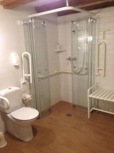La salle de bains est pourvue d'une douche en verre et de toilettes. dans l'établissement Vier Jahreszeiten Idyll, à Schuttertal