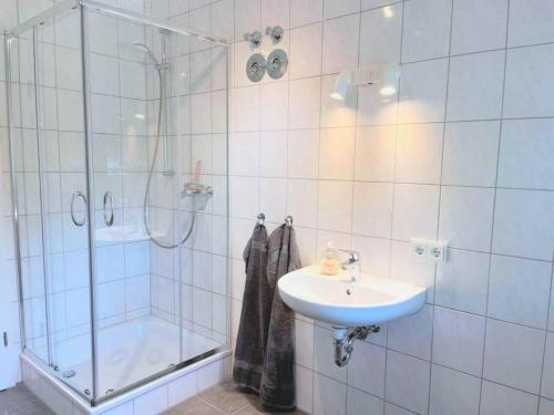 a bathroom with a shower and a sink at Holiday Apartments Brachttal in Hellstein