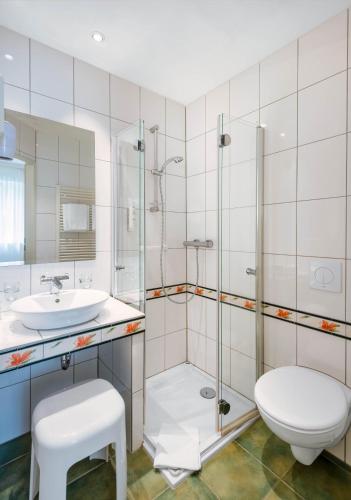 a bathroom with a toilet and a sink and a shower at ALPHA HOTEL Hermann von Salza in Bad Langensalza