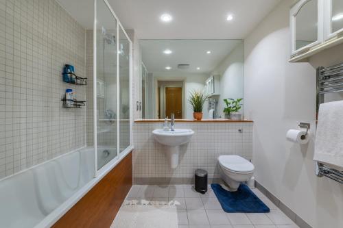 La salle de bains est pourvue de toilettes, d'un lavabo et d'une douche. dans l'établissement Cosy apartment 15 minutes from Oxford Circus/Soho, à Londres