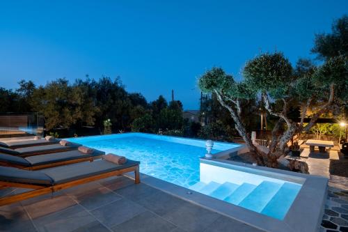 a swimming pool with chaise lounge chairs in a backyard at Villa di Pietra in Lithakia