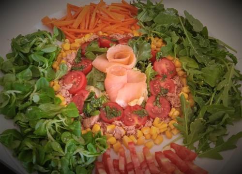 a plate of salad with vegetables and meat and carrots at Villa Giadel in Menfi