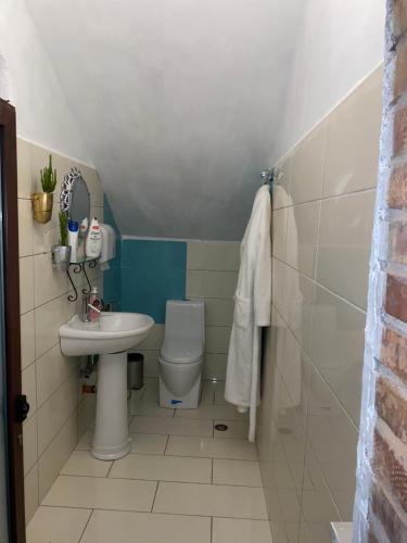 a small bathroom with a toilet and a sink at Il Tramonto in Shirokë