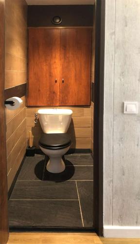 a bathroom with a toilet with a wooden cabinet at Reims Saint-Remi in Reims