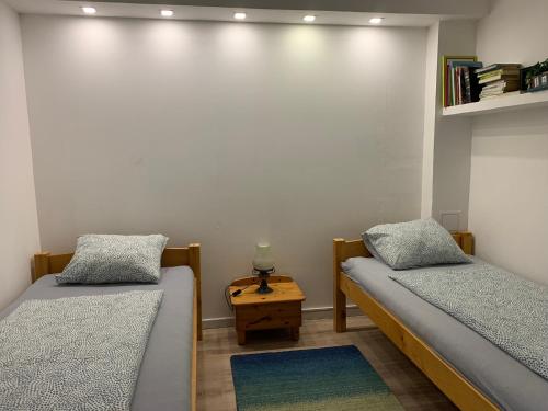 Duas camas individuais num quarto com uma mesa em Piknik Apartmant em Fertőrákos