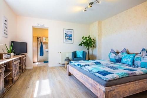 a bedroom with a large bed and a television at Ferienwohnung Ostsee in Stubbenfelde