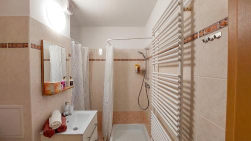 un baño con ducha y lavabo en Studio Florens, en Sopron
