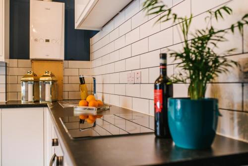 a kitchen counter with a potted plant and a bottle of wine at QUIET LOCATION - 3 Bedroom Family House with 3 Shower room - 2 Parking Spaces in Plymouth