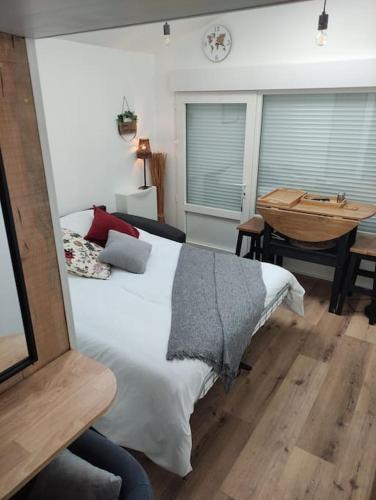 une chambre avec un lit, une table et un bureau dans l'établissement Studio tout confort à 10mn de Royan et plages, à Saint-Sulpice-de-Royan
