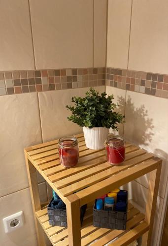 a wooden table with a potted plant on top of it at Kleines Apartment in Siegburg-Kaldauen in Siegburg