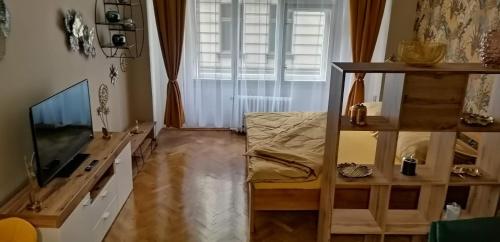 un salon avec une grande fenêtre et une télévision dans l'établissement Apartment Jakubská 676, à Prague