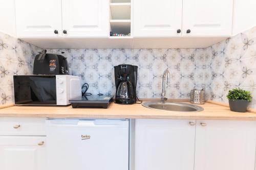 a kitchen counter with a sink and a microwave at Villa Lilith Smart in Fertőrákos