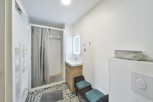 La salle de bains est pourvue d'une douche, d'un lavabo et d'un canapé. dans l'établissement Fly Away, à Bourges