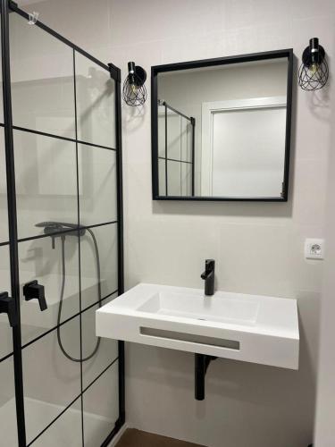 a bathroom with a white sink and a mirror at Apartamentos Molinos in Constantina