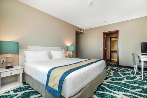 ヴィラ・ノヴァ・デ・ガイアにあるホリデイ イン ポルト ガイアの大型ベッドとテレビが備わるホテルルームです。
