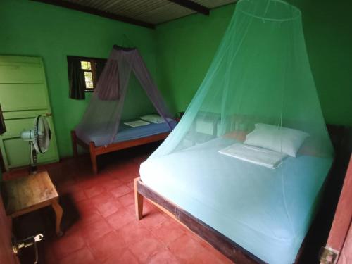a bedroom with a bed with a mosquito net at Hostal Así es mi Tierra in Balgue