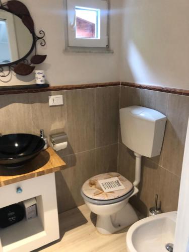 ein Badezimmer mit einem WC, einem Waschbecken und einem Spiegel in der Unterkunft l' Acciuga Blu in Monte Marcello