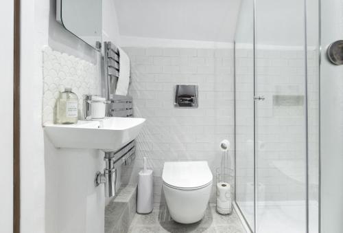 a bathroom with a toilet and a sink and a shower at Corner Cottage in Adlestrop