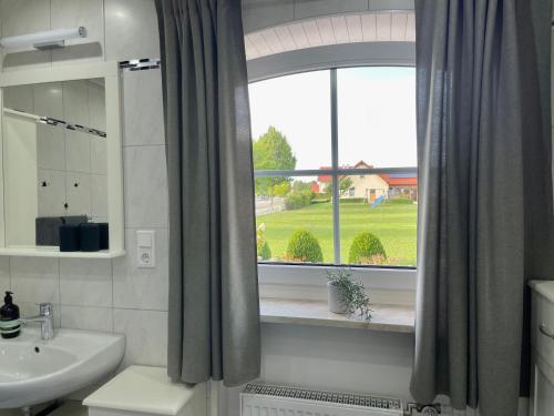 ein Badezimmer mit einem Waschbecken und einem großen Fenster in der Unterkunft Kelsbachhaus EG in Pförring