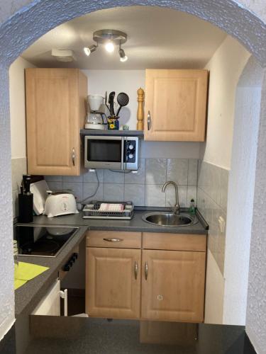 a small kitchen with a sink and a microwave at Landhausidyll Ferienwohnung in Grundshagen