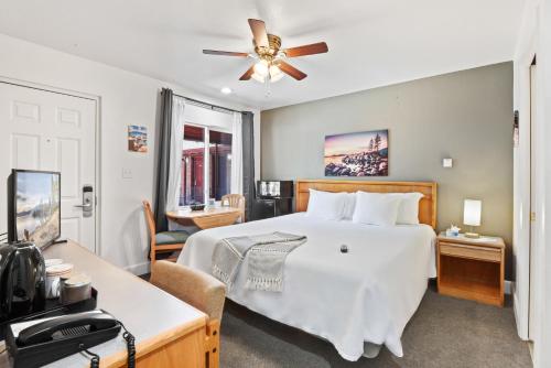 a bedroom with a large white bed and a tv at Crown Motel in Kings Beach