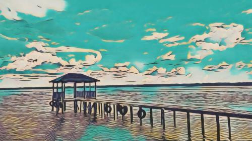 a painting of a pier with a gazebo on the water at AMINA Inn in Flores