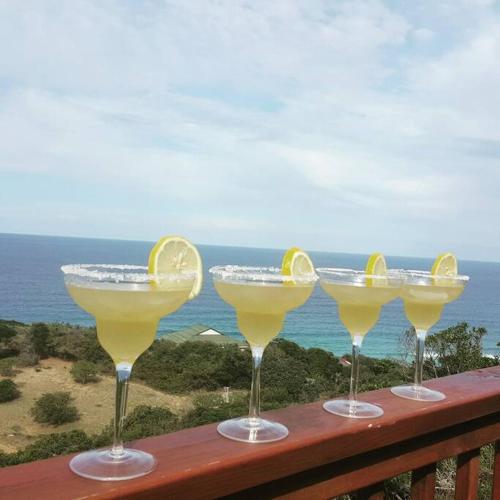 four drinks in wine glasses on a balcony with the ocean at Campismo Ninho Villa 26 - Ponta Malongane in Ponta Malongane
