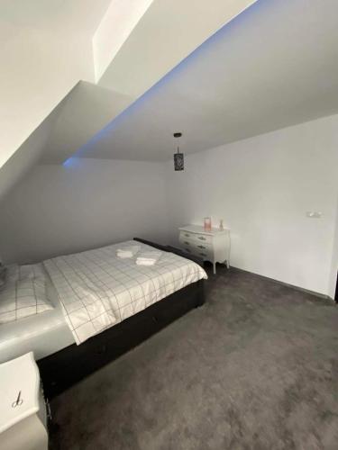 ein Schlafzimmer mit Bett und Waschbecken auf dem Dachboden in der Unterkunft Apartament EMMA in Bistriţa