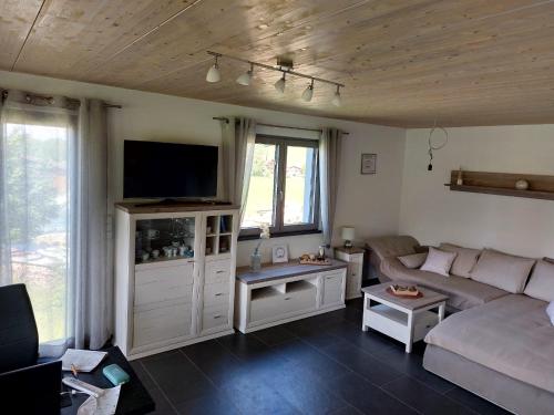 a living room with a couch and a tv at Ferienhaus Rasch in Maierhöfen