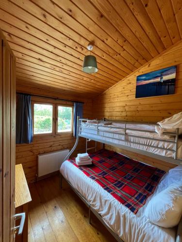 una camera con letto a castello in una cabina di legno di Red Squirrel Lodge a Galway