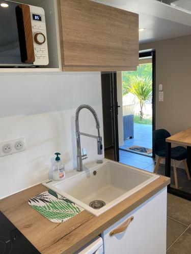 une cuisine avec un évier et un plan de travail dans l'établissement 220 Le Studio, à Pradons