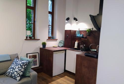 uma sala de estar com uma cozinha e um sofá em Studio w Centrum Bydgoszczy em Bydgoszcz