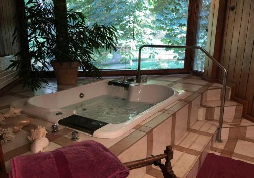 a bath tub in a bathroom with a window at Hotel Boutique Almahue in Pichidegua