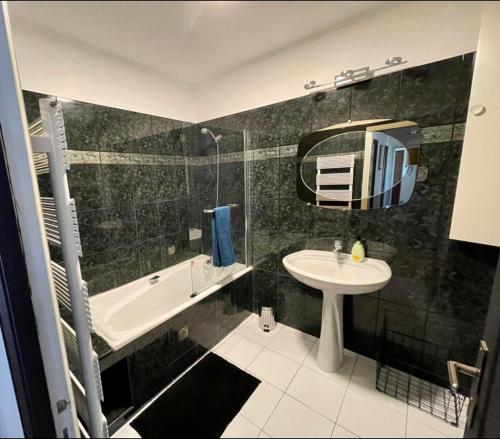 La salle de bains est pourvue d'un lavabo, d'une baignoire et d'un miroir. dans l'établissement Très grand appartement à 10 min à pied du centre, à Castres