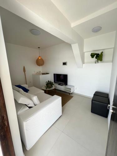 a white living room with a white couch and a tv at Casa Marambaia 2 in Rio de Janeiro