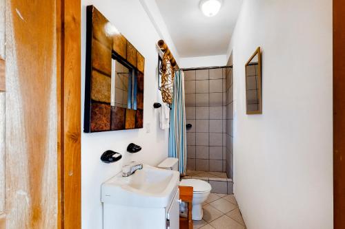 a bathroom with a sink and a toilet at Mayan Falls Gold Standard and Corridor Certified in Caye Caulker