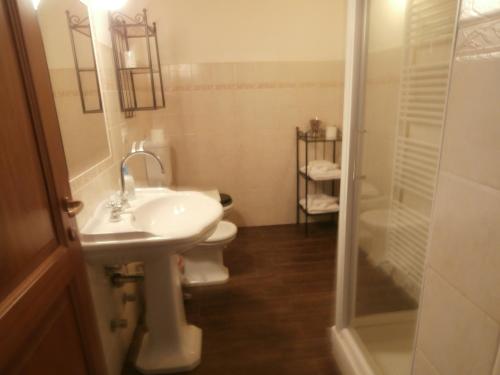 een badkamer met een wastafel, een toilet en een douche bij Da Nonna Carla in Alfiano Natta