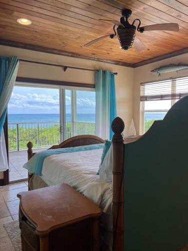 a bedroom with a bed with a view of the ocean at Private Oceanfront Escape: Kayaks, Sunsets, Coral! 