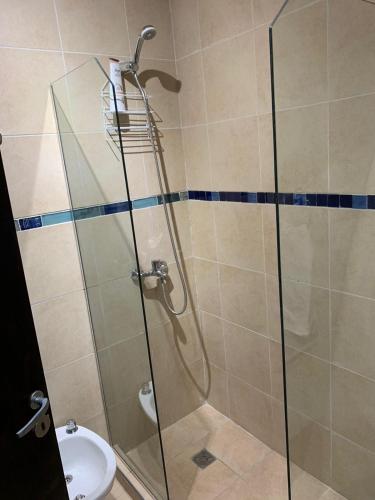 a shower with a glass door next to a toilet at EDU's HOUSE I in Guaymallen