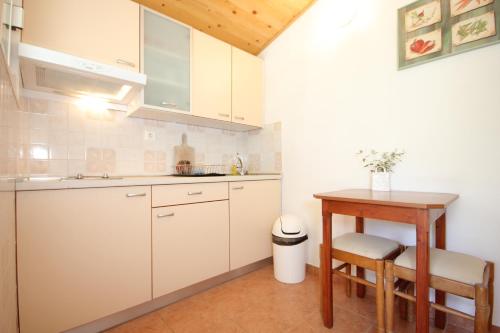 米利尼的住宿－Apartments and rooms by the sea Srebreno, Dubrovnik - 8957，厨房配有白色橱柜和木桌