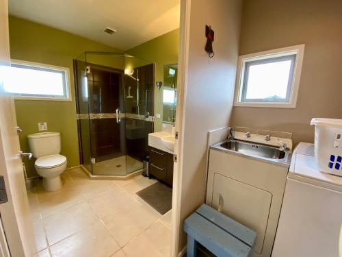a bathroom with a sink and a shower and a toilet at All Year Getaway in Twizel