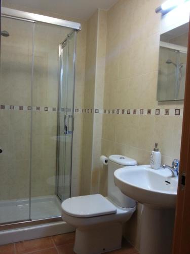 a bathroom with a toilet and a shower and a sink at Apartamento unifamiliar Golf Vera urb privada y tranquila in Vera