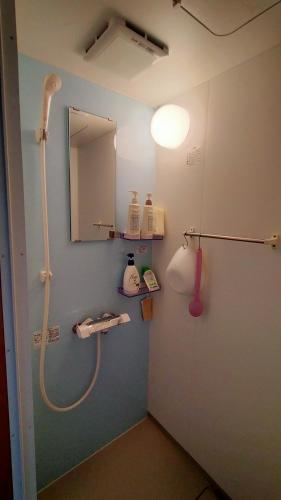 a bathroom with a shower and a mirror at 越前ゲストハウスTAMADA in Sakai