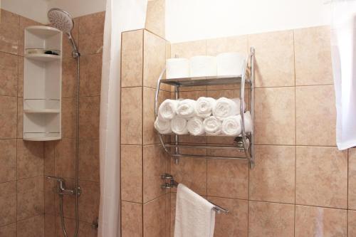 La salle de bains est pourvue d'une douche, de toilettes et de serviettes. dans l'établissement Family friendly house with a swimming pool Skrip, Brac - 15297, à Supetar